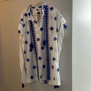 J. Crew blue and white embroidered coverup tassels